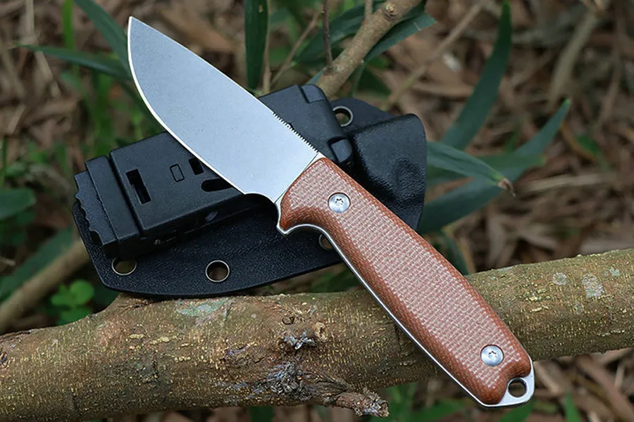 Faca reta A2299 de alta qualidade 14C28N Stone Wash Drop Point Lâmina CNC Full Tang Micarta Handle Outdoor Camping Caminhadas Caça Facas de lâmina fixa com Kydex