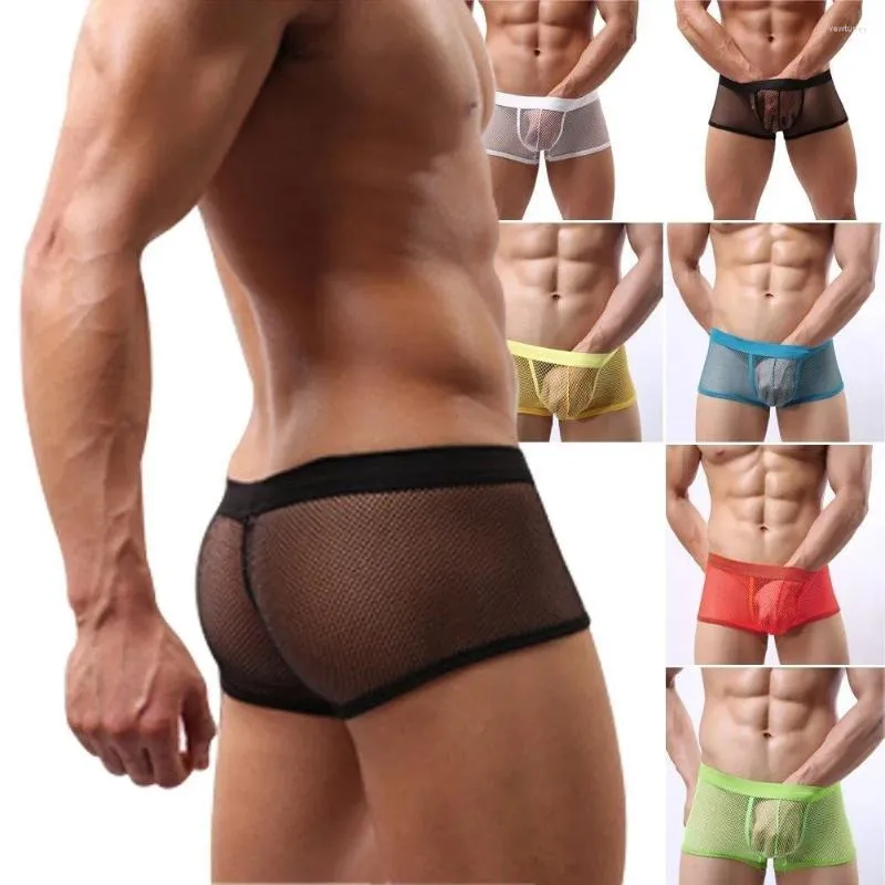 Cuecas sexy homens guarnição ver através de malha boxer briefs shorts sheer bulge bolsa respirável lingerie lingerie