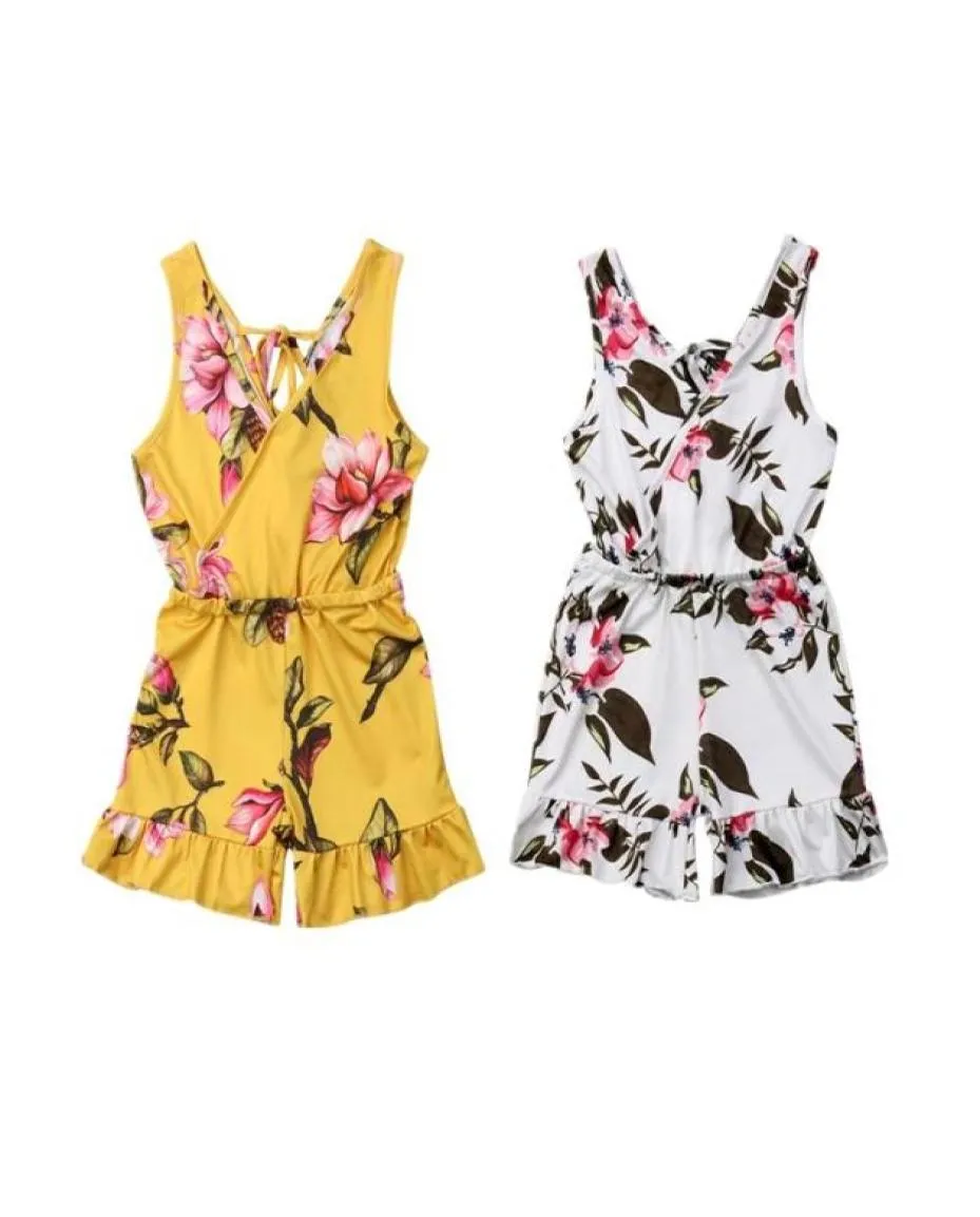 Jumpsuits Whole Kids Baby Girl Summer Floral Romper Dziewczyna dziewczyna na plażę Ubrania bez rękawów Kwiaty Vneck Jumpsuit 16Y4175560