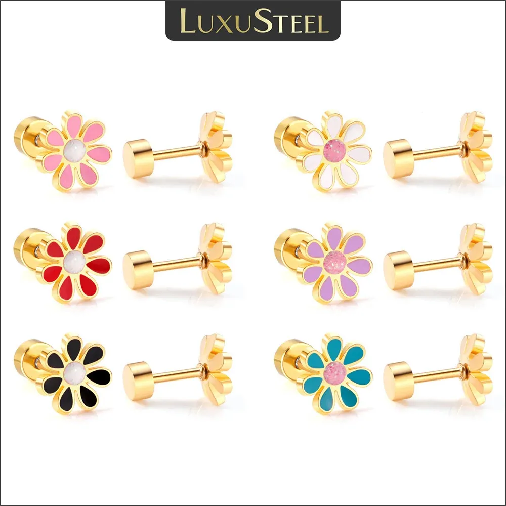LUXUSTEEL 12 Pairs/Lot Stainless Steel Stud Earrings For Women Girls Crystal CZ Flower Heart Colorful Cute Ear Jewelry Wholesale 240219