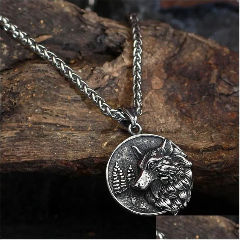 Pendant Necklaces Vintage Wolf Necklace Punk Street Rock Norse Stainless Steel Odin Head Men Fashion Jewelrypendant Drop Delivery Dh7Xe