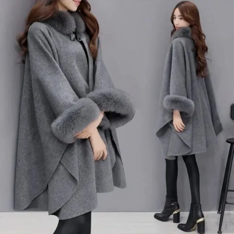 Смесовые элегантные женские зимние пальто с пушистыми рукавами и накидкой, куртка-накидка, женское шерстяное пальто, накидка с воротником из лисьего меха, теплые пончо Feminino
