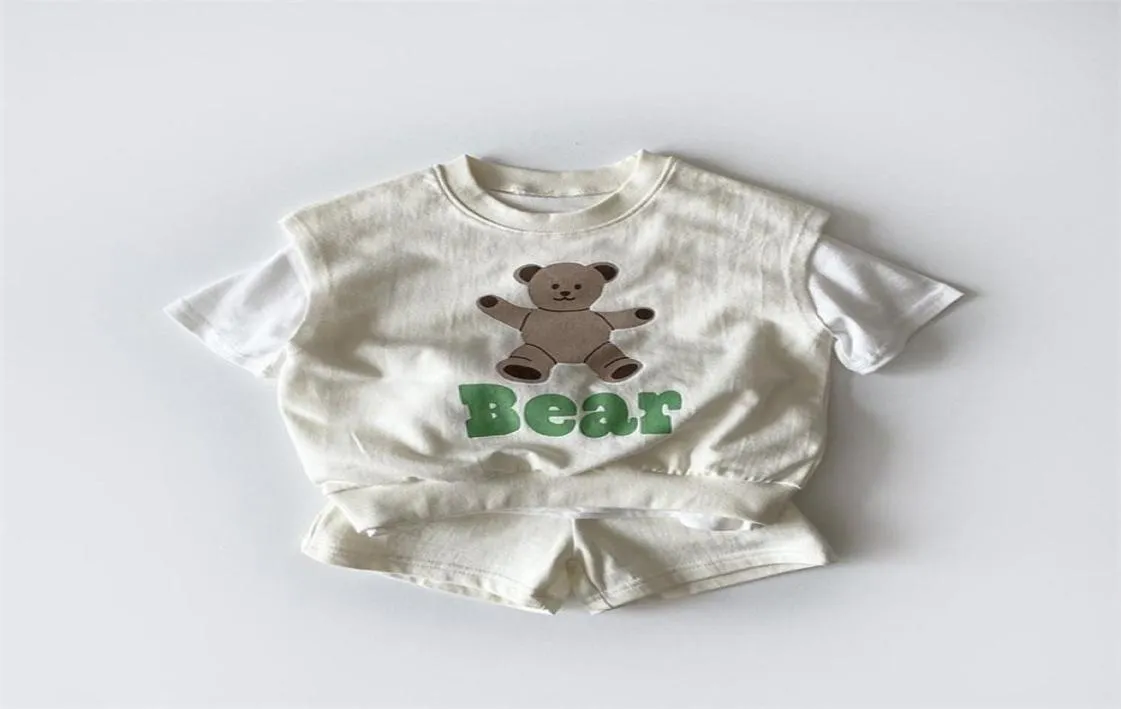 Summer Unisex Baby Tshirt Short Set 3pcs Korean Kids Fashion Cute Bear Clothing Sets Boys Girls VestTshirtShorts Clothes 2108047173490