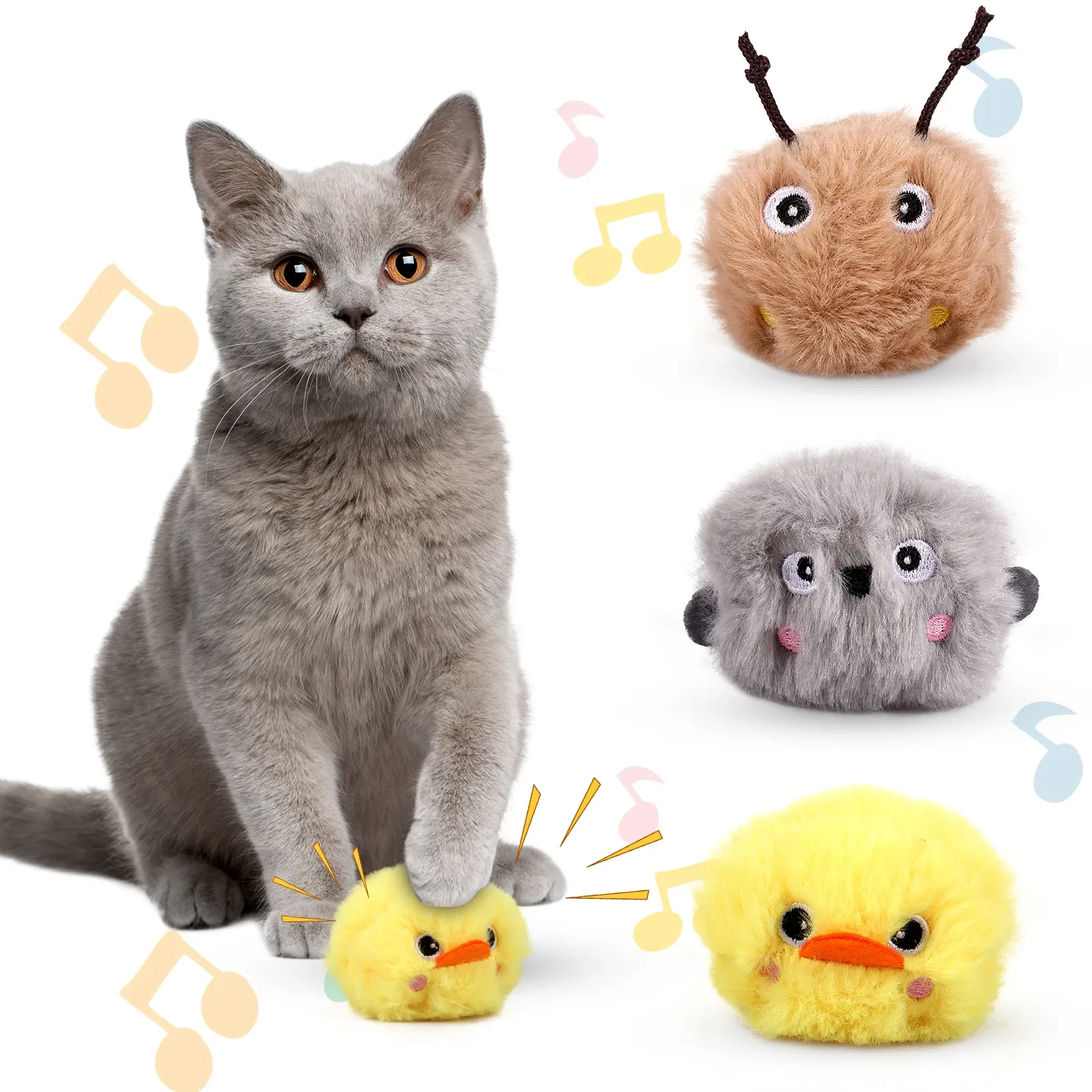 Leksaker 3st kattboll leksaker interaktiv plysch leksak med 3 livliga djur kvittrande ljud roligt kvitande boll fluffig kattunge inomhus träning