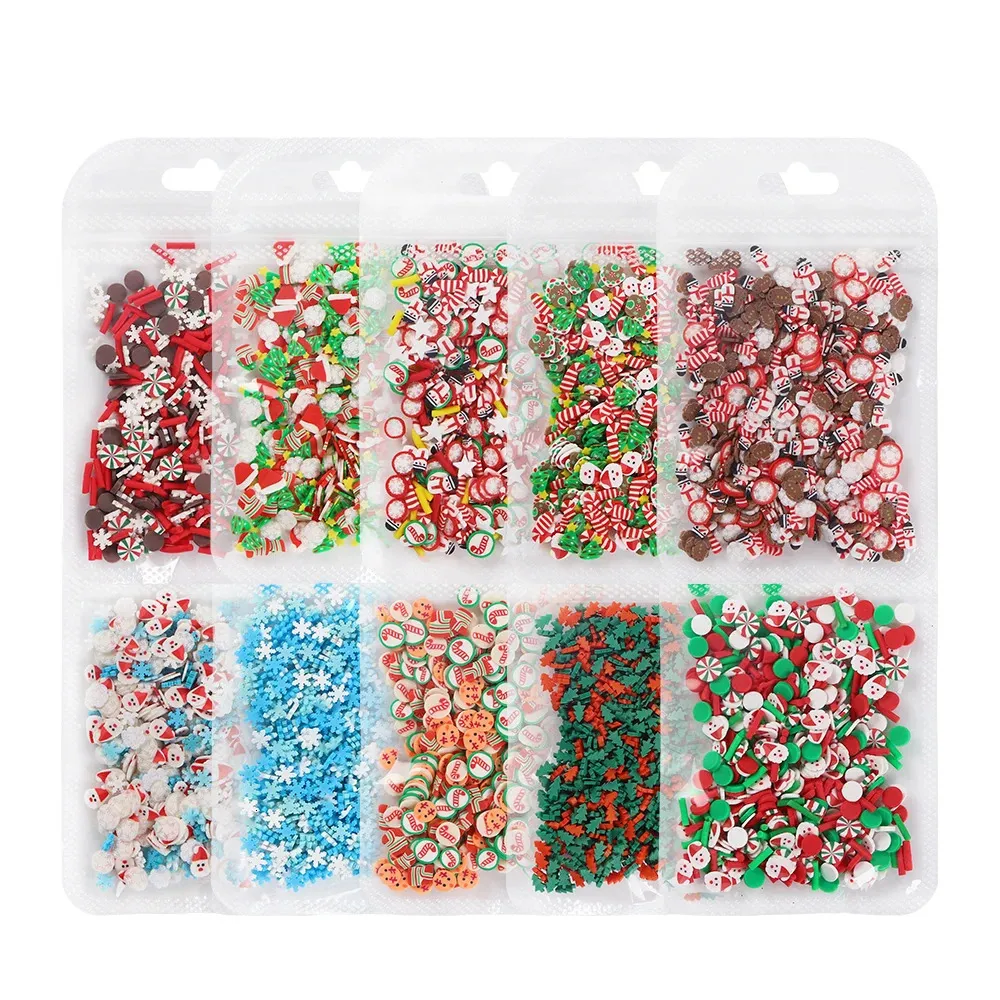 10 sacs Santa Doll Nail Art Flocons Charms Décoration Elk Polymère Argile Tranche Manucure Accessoires Pour Noël Design Sequin 240219