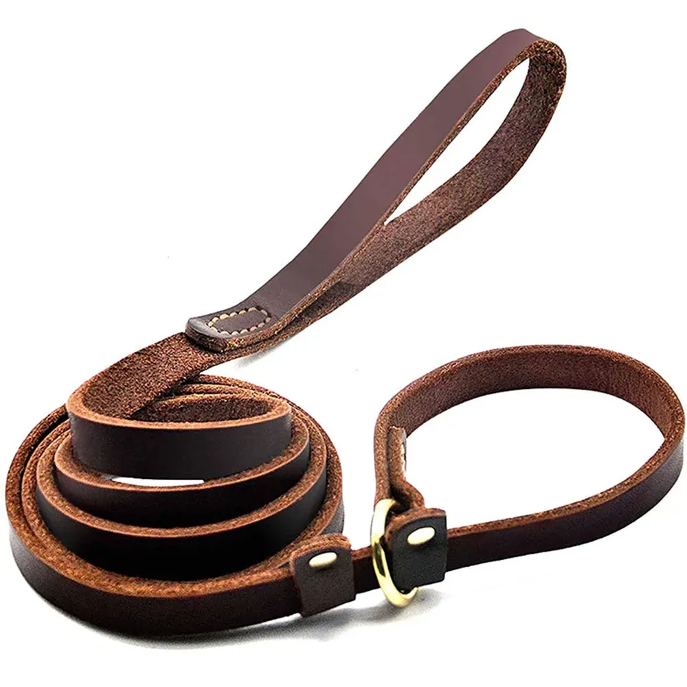 Laisses Laisse de laisse de chien en cuir véritable, chaîne réglable pour chien de compagnie avec curseur, laisse de dressage en cuir plat solide pour chiens de grande taille