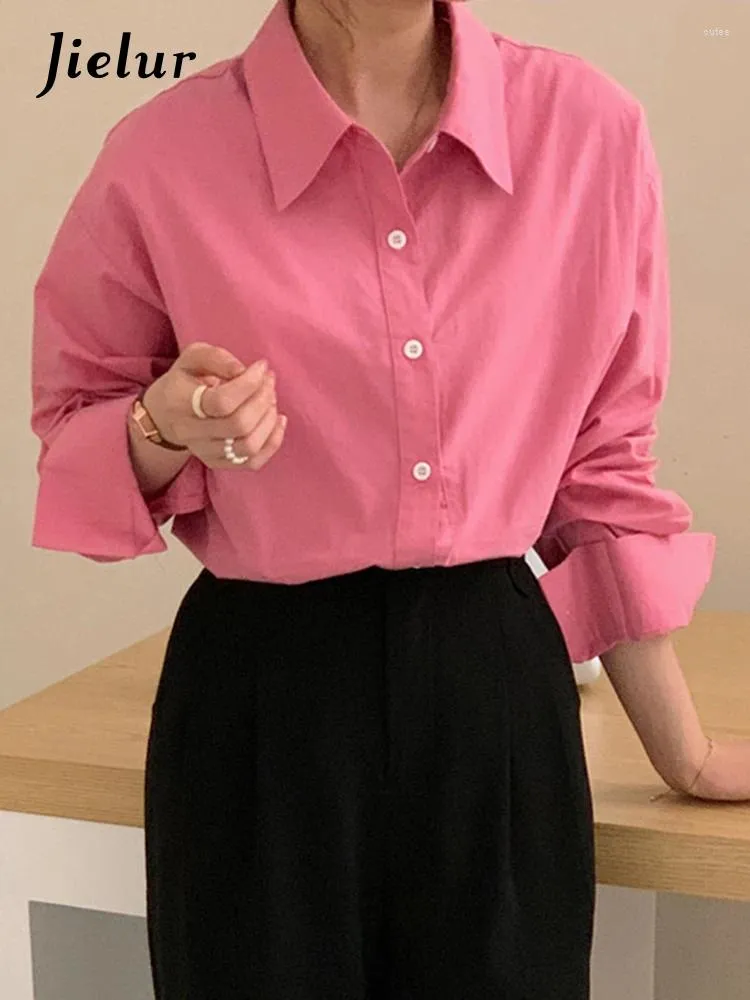 여자 블라우스 한국 스타일 순수한 색상 기본 여성 셔츠 싱글 가슴 랜턴 슬리브 느슨한 단순한 여성 셔츠 사무실 숙녀