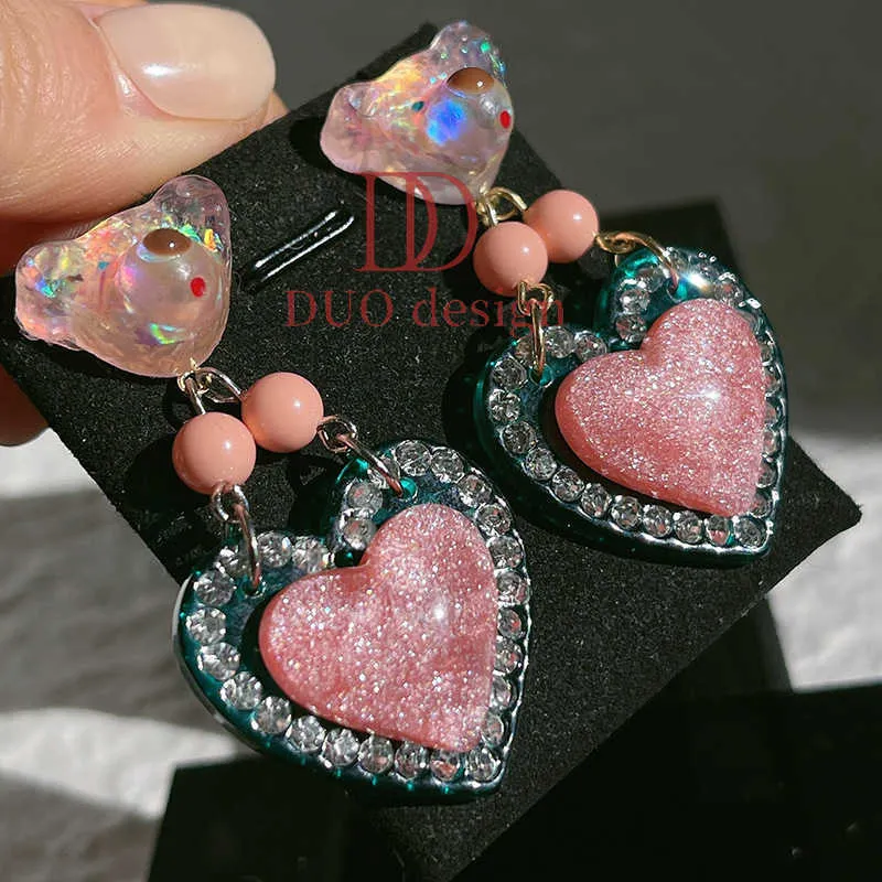 2024 Hot Selling Leuke Acryl Moissanite Roze Beer Hart Hanger Oorbellen Mooie Ins Fashion S925 Drop Earring Voor Meisjes En vrouwen