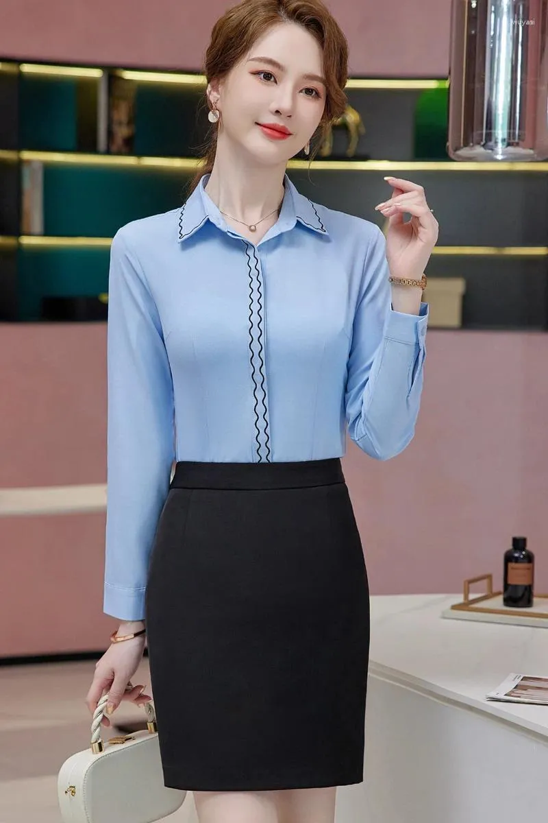 Blusas femininas formais camisas femininas escritório senhoras 2 peça saia e tops conjuntos trabalho azul ol manga longa