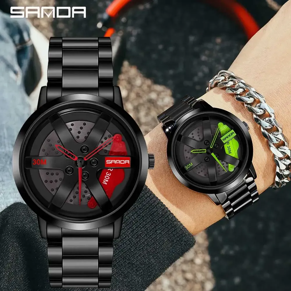 Montres Montre pour hommes Mode de haute qualité Modèle 3D 360 Moyeu de roue de voiture rotatif Conception personnalisée Montre de sport Montre-bracelet à quartz étanche