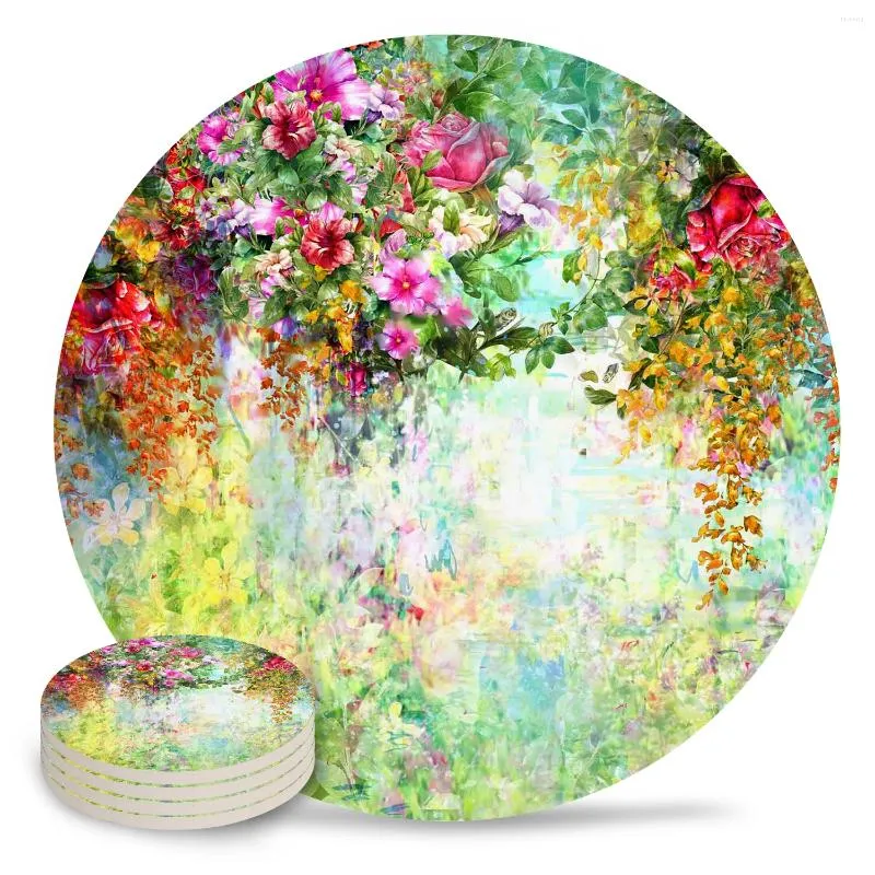 Tapetes de mesa con diseño de flores, acuarela, vid, rosa, gloria de la mañana, redondos, accesorios de cocina, posavasos de cerámica absorbentes