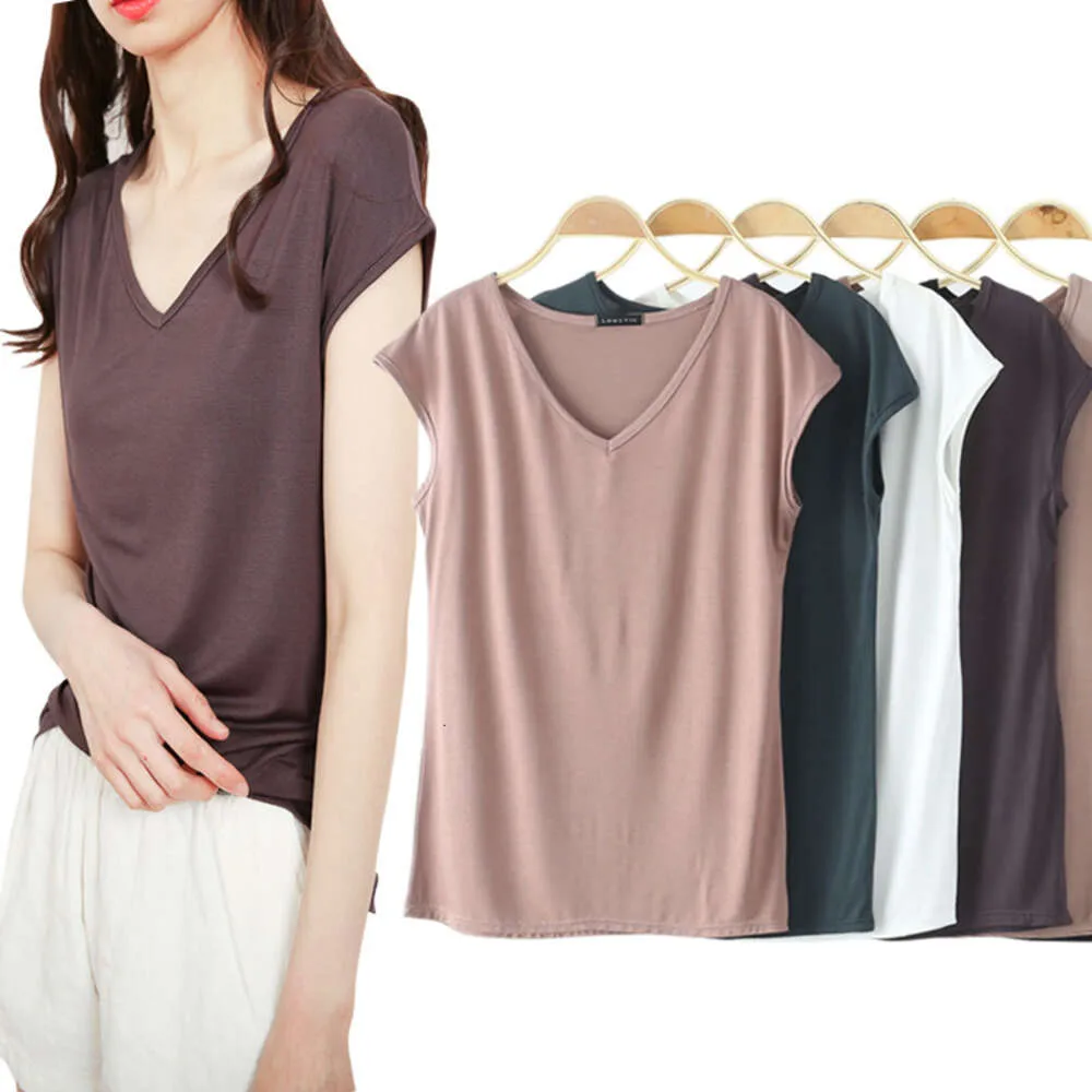 Modales T-Shirt Damen 2024 Sommer Koreanische Version Damen Neues ärmelloses V-Ausschnitt Kleines Hemd Slim Fit Bottom Top Trend