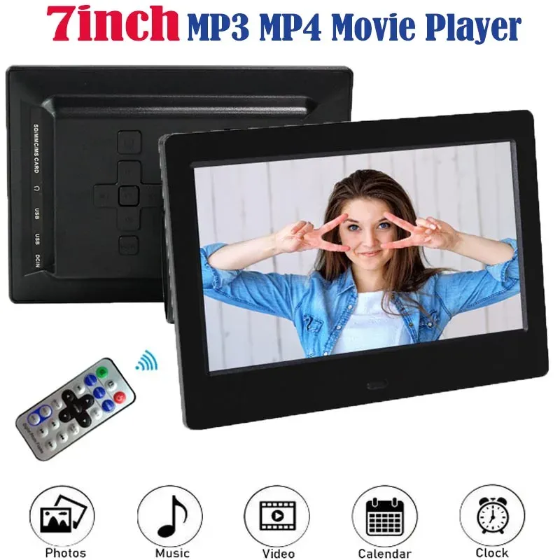 Player 7 Zoll Digitaler Fotorahmen 800x480 HD-Bildschirm LED Elektronischer Fotoalbumrahmen MP3-Musik MP4-Film-Player mit Fernbedienung