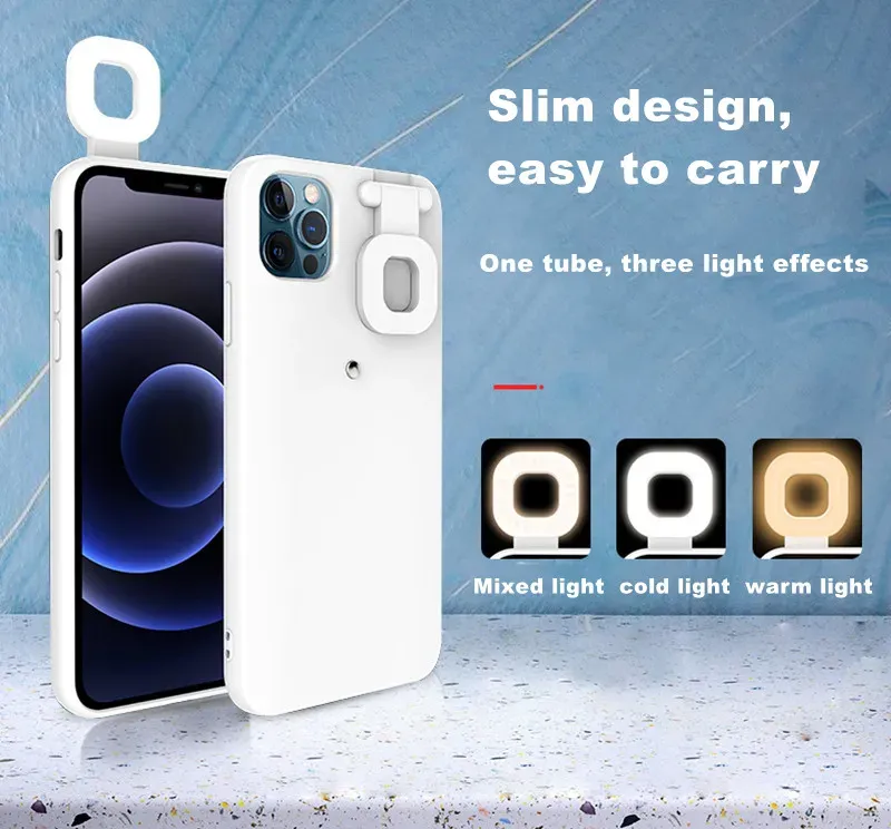 iPhone 12の美容LEDフラッシュライト付きの携帯電話プロテクターケースPro Max Plasit PC Phone Back Cover Holder LL