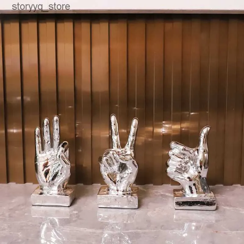 その他の家の装飾樹脂ハンディクラフトシルバーハンドジェスチャーパームOK親指の抽象的なポートレート彫刻装飾的な置物ホームデコレーションアクセサリーQ240229
