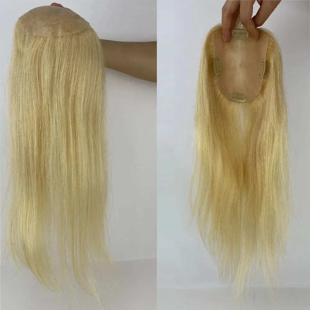 16inch＃613ブロンドスキンベース女性Toupee 5x5inchロシアの人間の髪のトッパーPUの周りまたは4つのクリップヘアピースシルクトップクロージャー240222