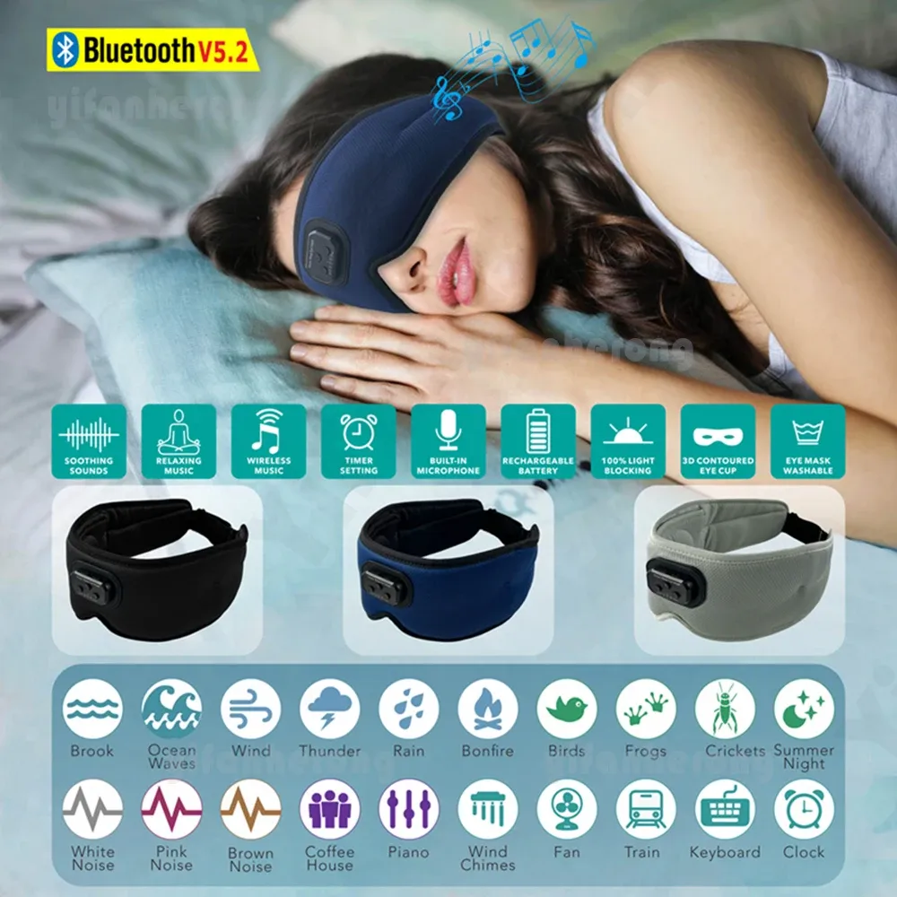 Fones de ouvido 3D Bluetoothcompatível 5.2 Temporizado Máscara de Olho para Sono Fones de ouvido Música de ruído branco embutido com microfone sombreamento Fones de ouvido para dormir Tipo C