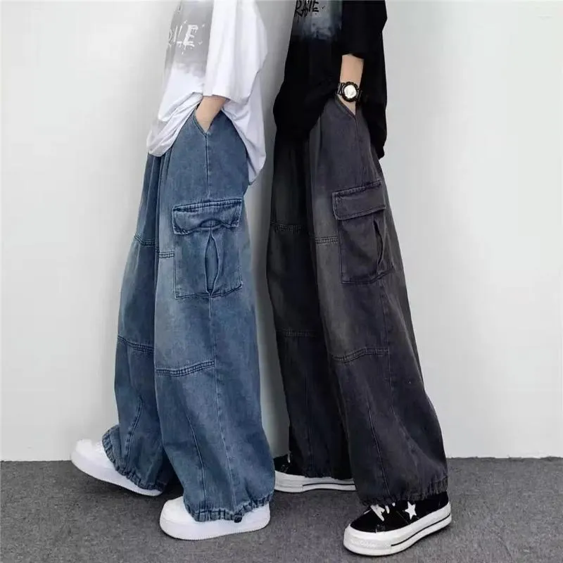 Męskie spodnie 2024 Moda szeroka noga duża kieszonkowa ładunek dżinsy dla mężczyzn dla mężczyzn unisex workowate proste oprogramowanie uliczne