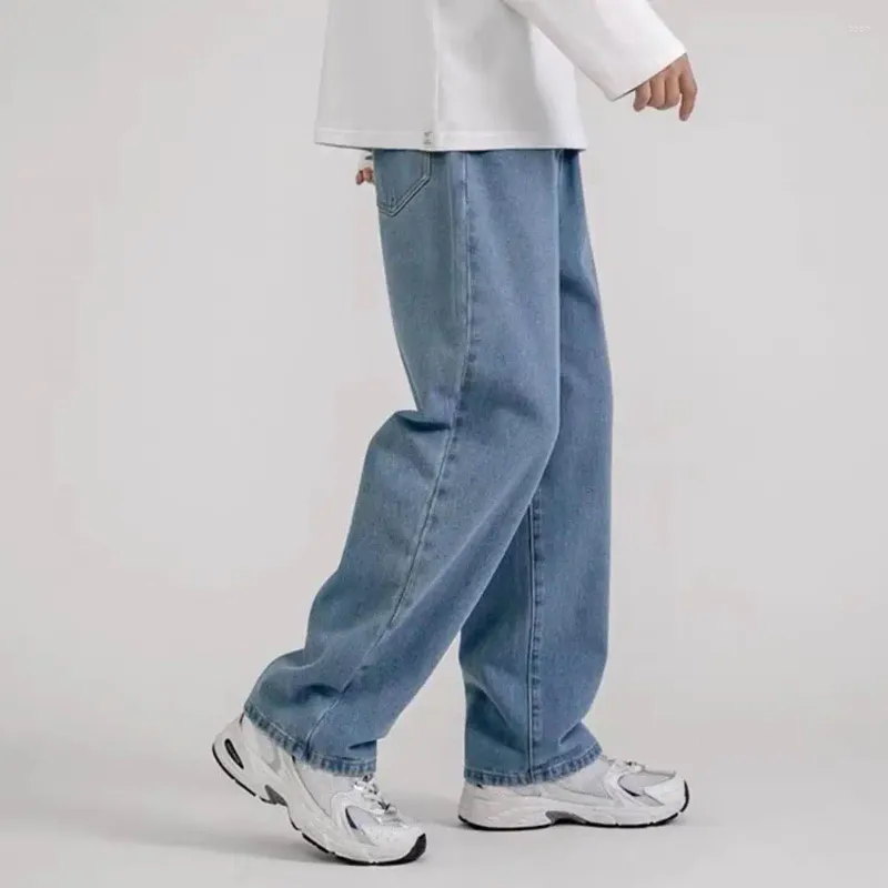 Men's Pants Korean Fashion Baggy Jeans Elastic Waist Classic Olid Color Straight-leg Denim Wide-leg Male Light Blue Grey Black