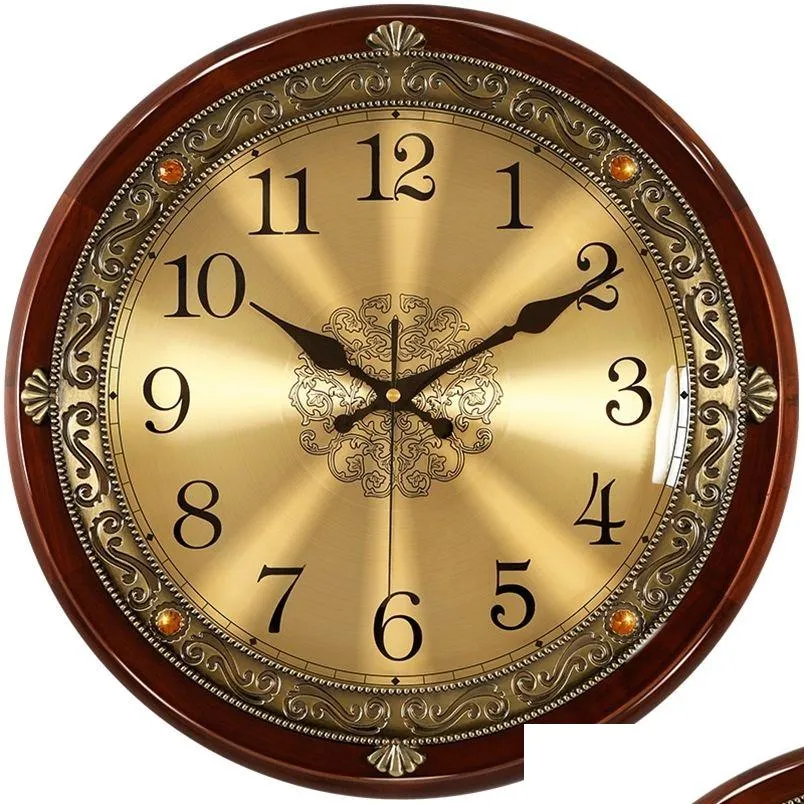Relógios de parede Relógio de madeira de luxo Metal Retro Nordic Estilo Americano Ouro Silencioso Quarto Shabby Chic Sala de estar Horloge Presente Drop Delive Dhw6m