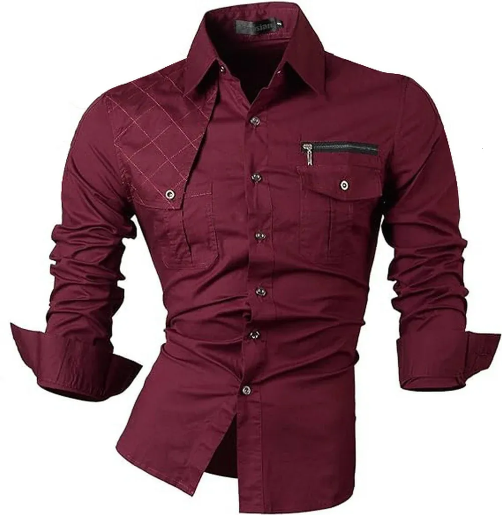 Jeansian Mens Casual Dress Shirts Fashion Desinger Stylish Long Sleeve K371 Winered 240227