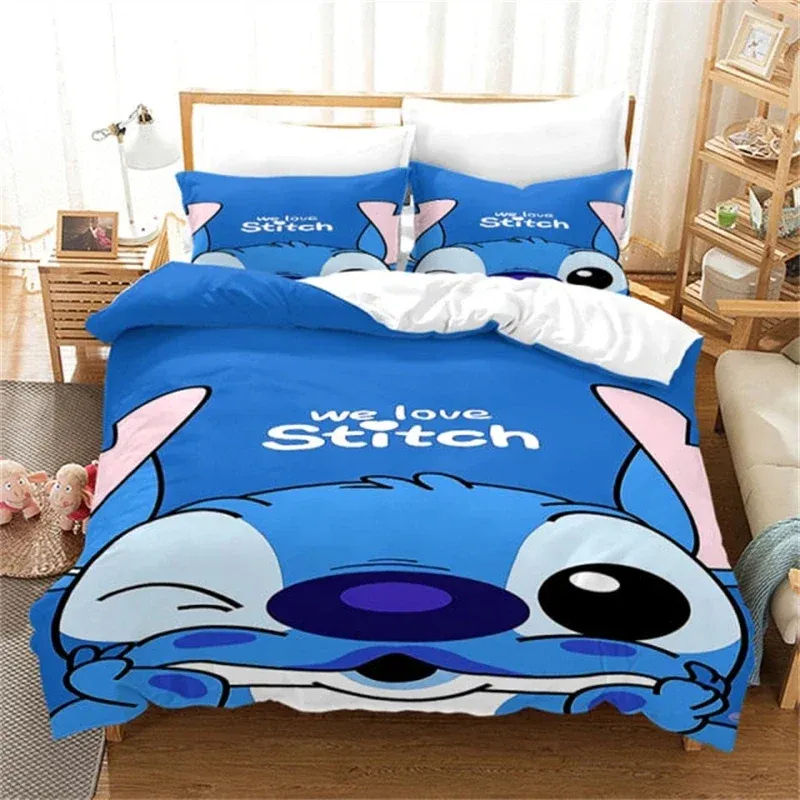 Uppsättningar duvet Cover 3D Anime Stitch Pattern Däcke Cover Set Pillow Case Bäddsuppsättning Singel Double Queen Support Custom Size Kids