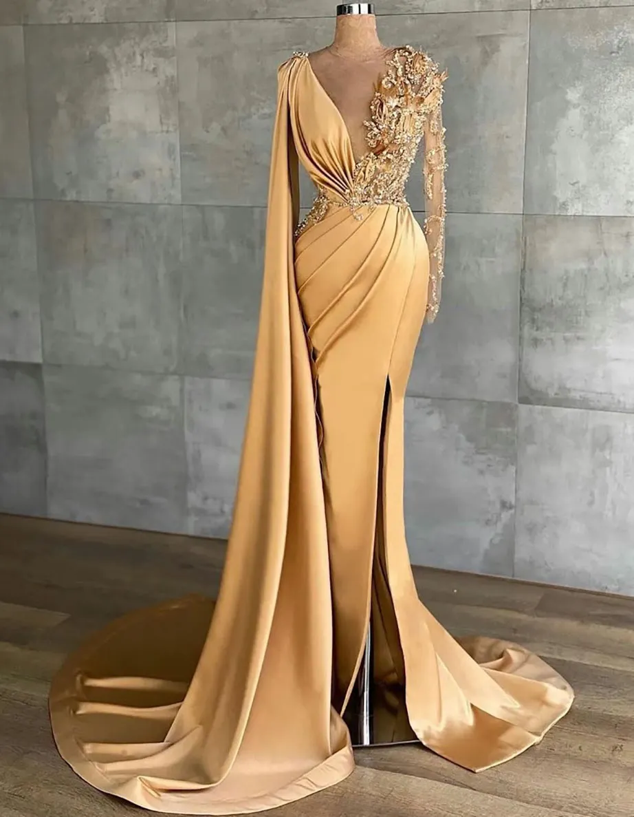 Ballkleider, Party, Abendkleid, Meerjungfrau, Trompete, formelle Applikation, Perlen, Satin, individueller Reißverschluss, Schnürung, Übergröße, neu, oberschenkelhohe Schlitze, V-Ausschnitt, lange Ärmel, Gold