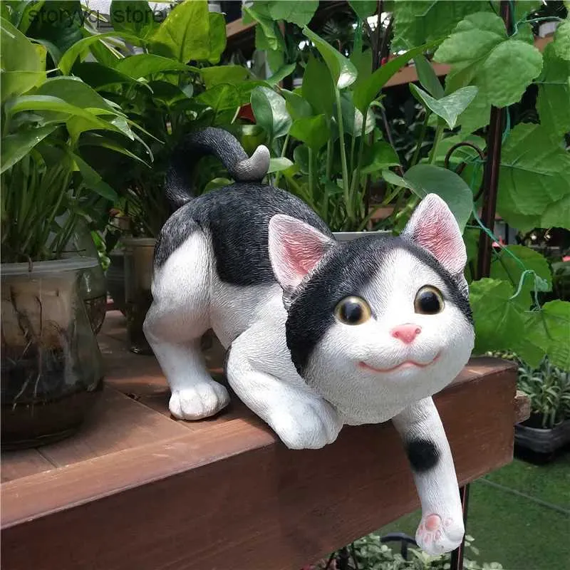 Other Home Decor Resin Crafts Artificial Animal Sculpture Black and White Cats Kitten Garden Cute Cat Outdoor Ornaments Decorative Figurines Q240229