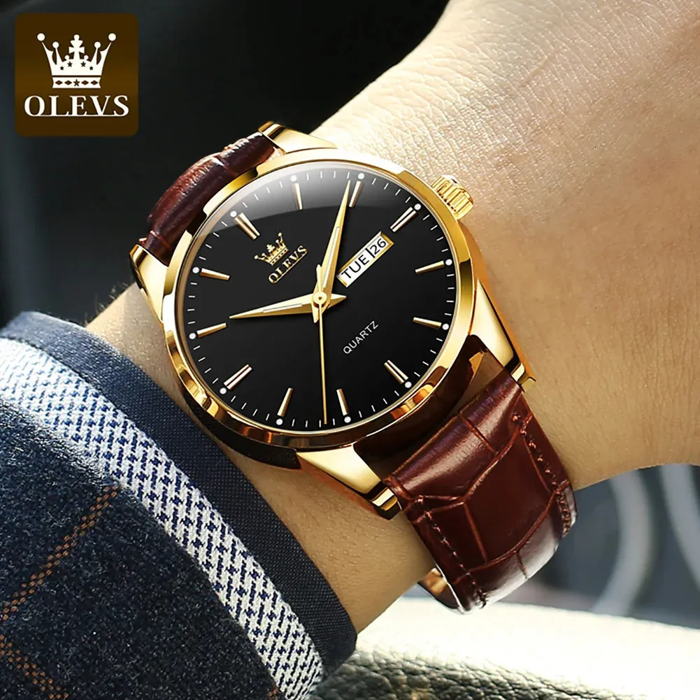 Olevs relógio masculino de marca de luxo, relógio de pulso de quartzo com pulseira de couro respirável, à prova d'água, casual de negócios 240227