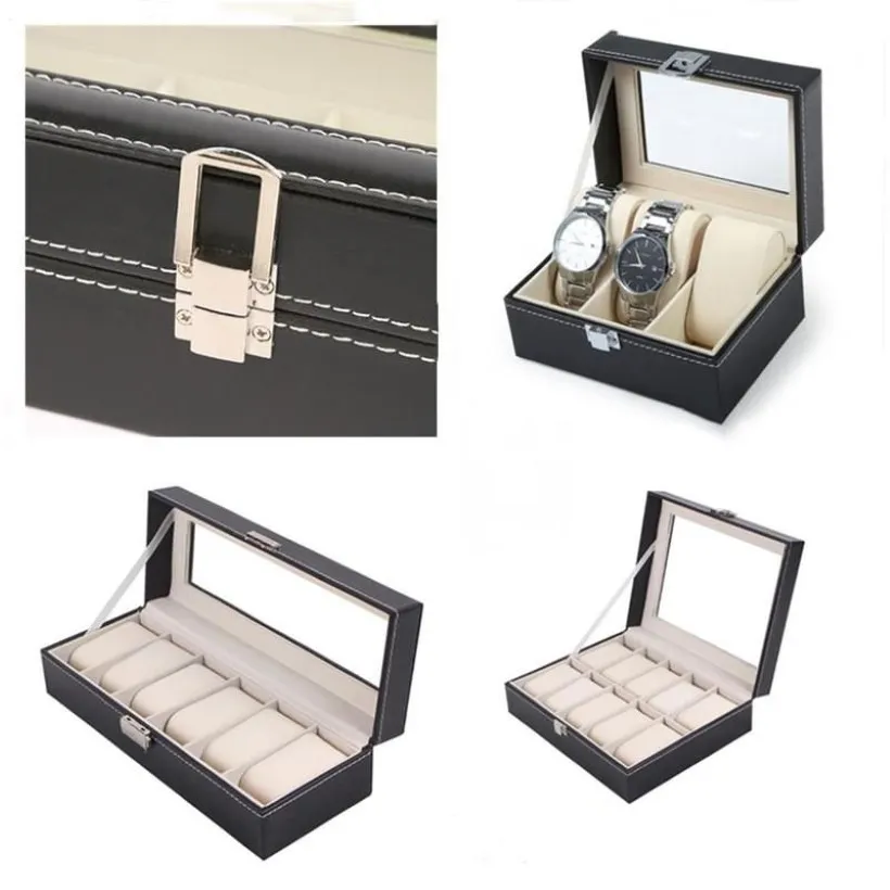 Watch Boxes & Cases 1 2 3 5 6 10 12 Grids PU Leather Box Case Holder Organizer For Quartz Watches Jewelry Display With Lock Gift207Q