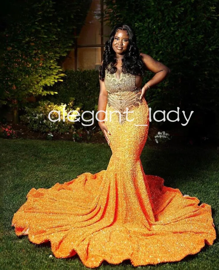 Robe de soirée longue Orange scintillante pour femmes, tenue de bal de luxe en velours et diamants, cristal, noire, pour filles, 2024