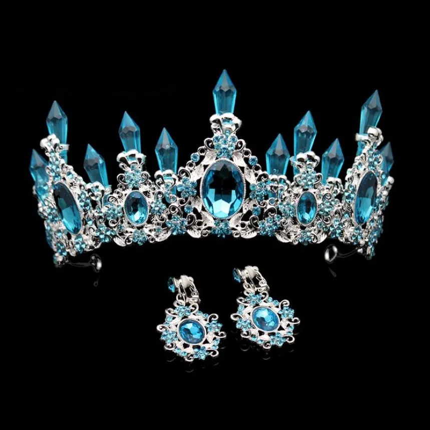 Fashion Beauty Sky Blue Crystal Wedding Crown och Tiara Large Rhinestone Queen Pageant Crowns Pannband för brud hårtillbehör Y2277O
