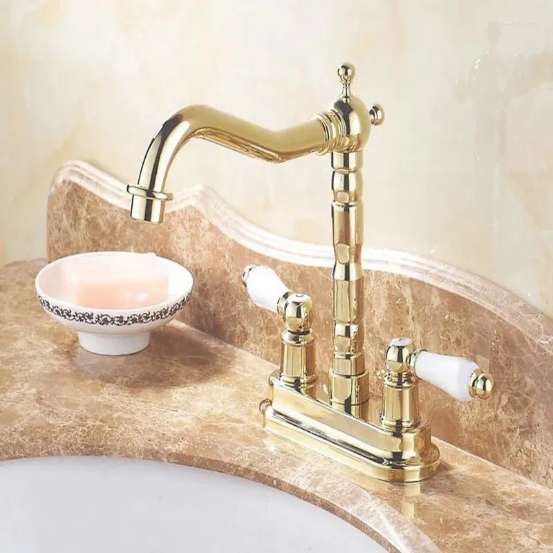 Bathroom Sink Faucets Gold Color Brass 4" Centerset Two Holes Basin Faucet Mixer Tap Swivel Spout Double Ceramic Levers Mnf431