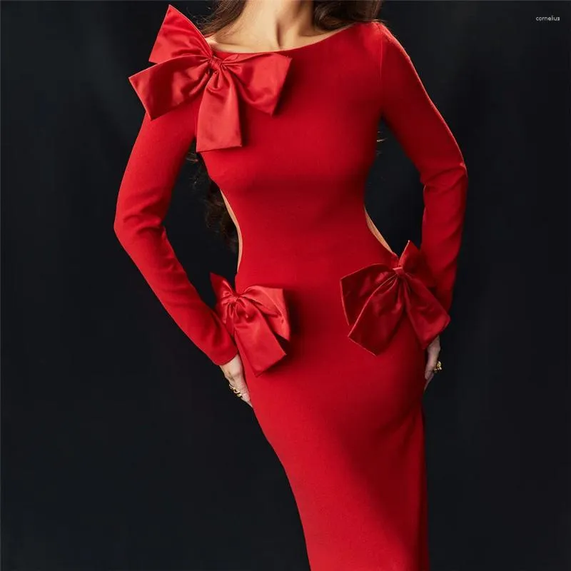 Casual Dresses Red Long Sleeved Backless BodyCon Birthday Party Sexig Spaghetti Strap Dress Elegant med slits för kvinnor LB021