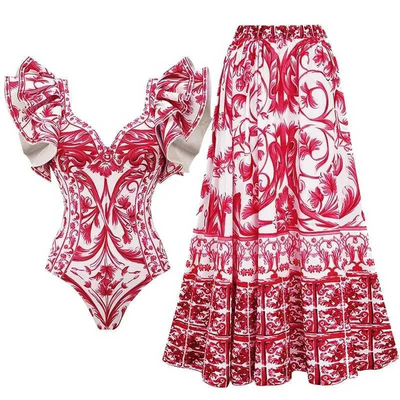 Swim wear 2024 Vintage Baroco Style Printed One Piece Swimsuit and Skirt Swimwear Set Women Beachwear Luxury Bathing Suit bikini 2 piece 240229