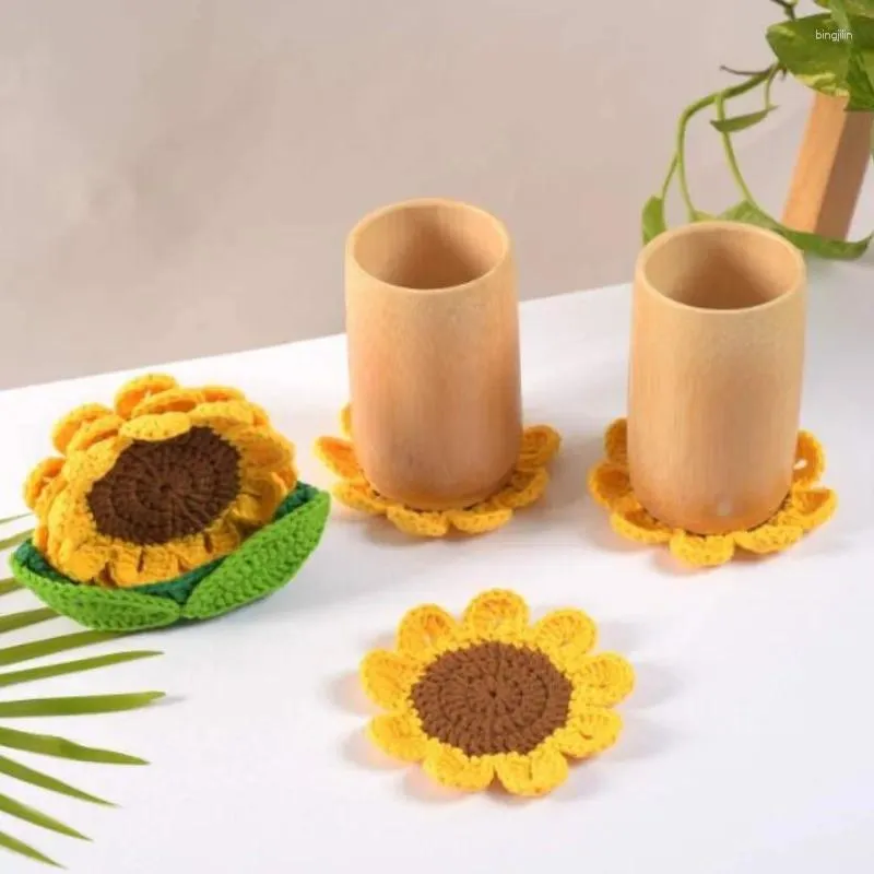 Placemats 1PC Rond Gebreid Zonnebloem Thee Handgemaakte Cup Craft Set Keuken Haken Breimat