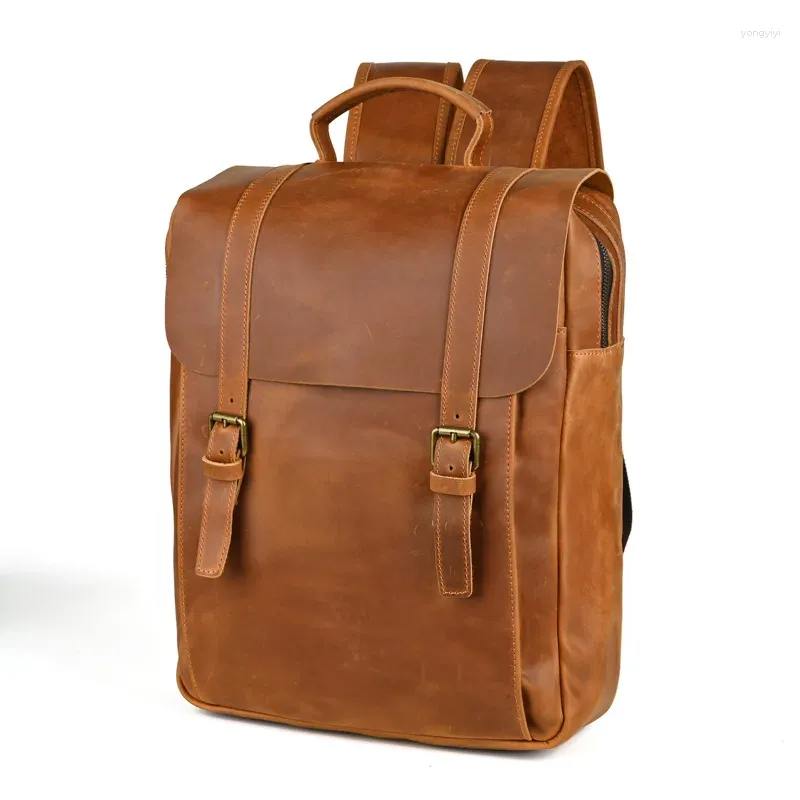 Backpack Brown Thick Top Grain Genuine Crazy Horse Leather 15.6'' 14'' Laptop A4 Women Men Travel Bag Vintage Highend M0026