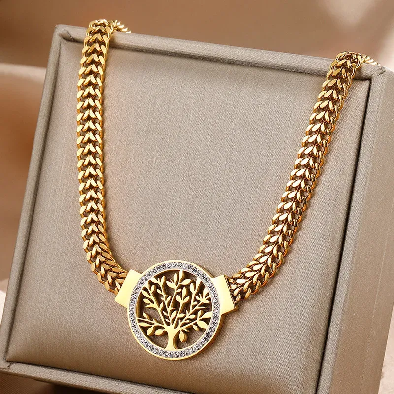 Толстая цепочка с микроинкрустацией цирконом, кулон «Древо жизни», женское ожерелье в стиле хип-хоп из 14-каратного золота