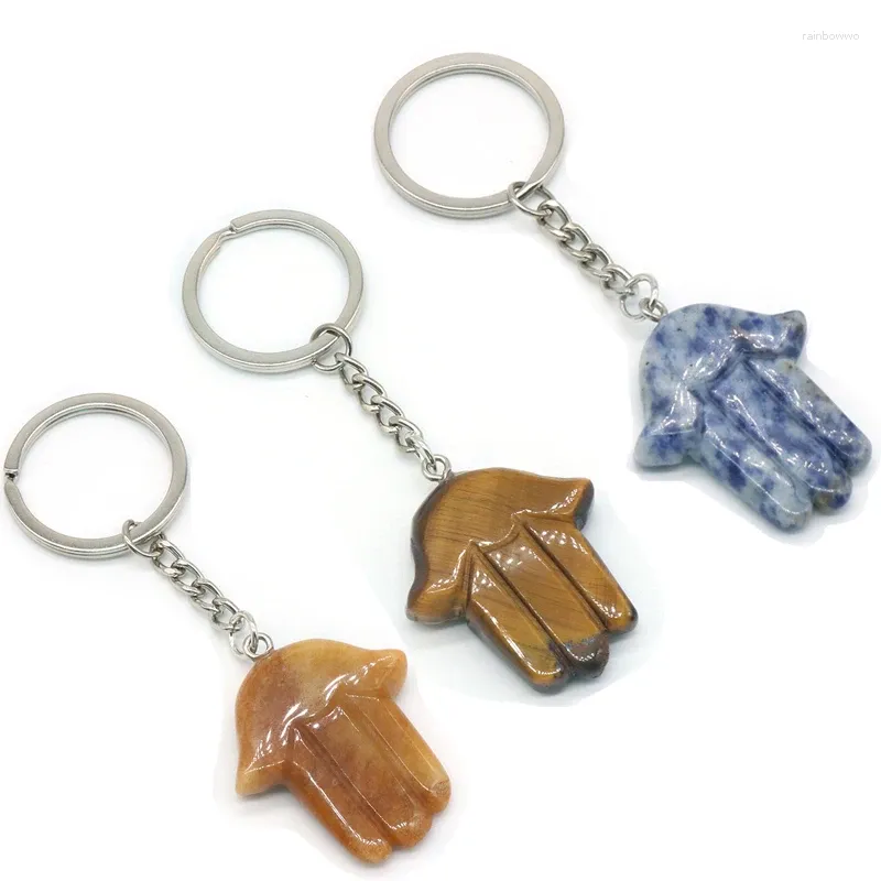 Keychains Natural Crystal Keychain Lovely Hamsa Hand Key Ring Charms Topazs Tiger Eye Sodalites Green Aventurine Quartz Clasp Holder