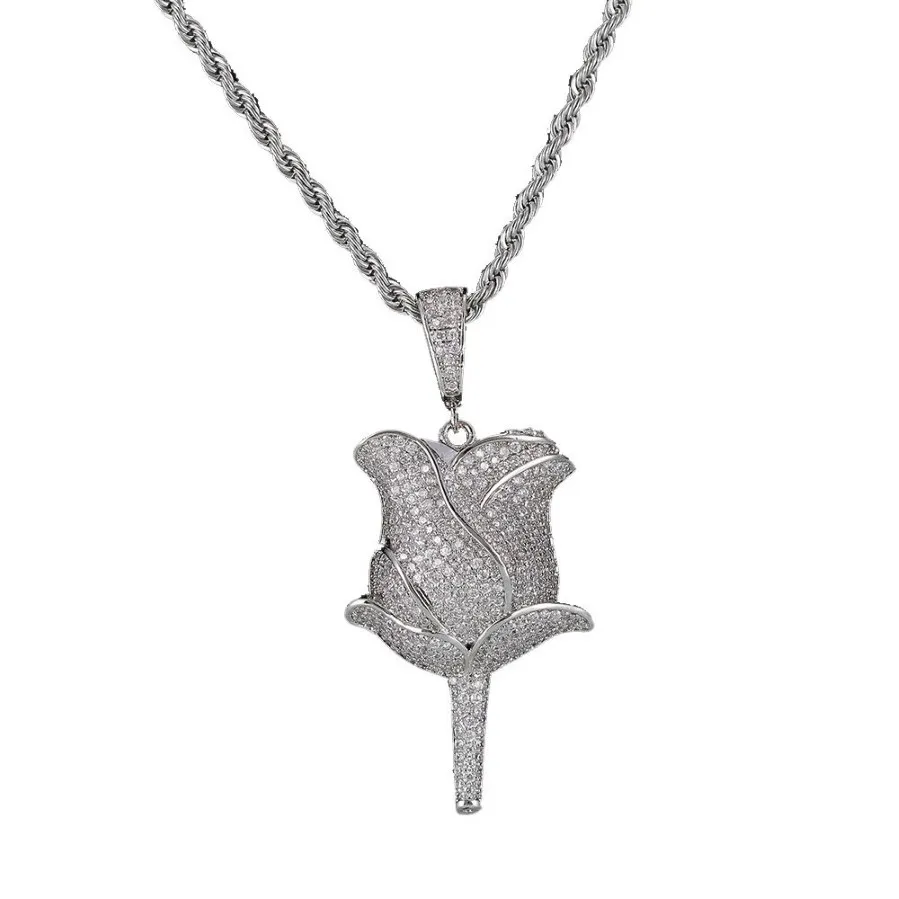 Nya Rose Flower Petals Necklace Pendant med repkedja Iced Out Cubic Zircon Bling Men Hip Hop Jewelry273n