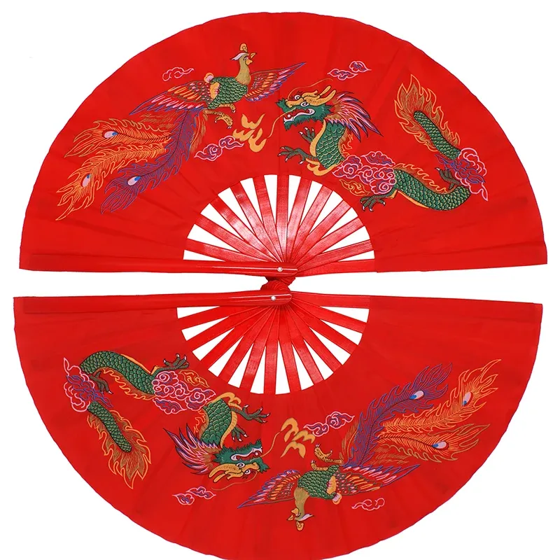 Artes de bambu dupla esquerda e direita tai chi fã de artes marciais fãs de kung fu china dragão e phoenix padrão capa vermelha