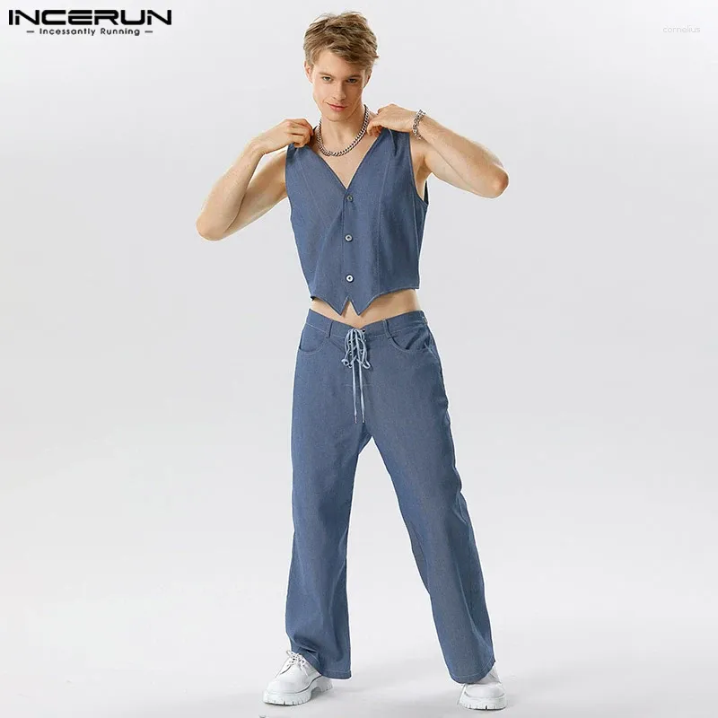 Herren Tracksuits 2024 Fashion Men Sets v Hals ärmellose Knopf Westen Schnürhosen 2pcs Streetwear Lose Solid Casual Suits S-5xl Incerun