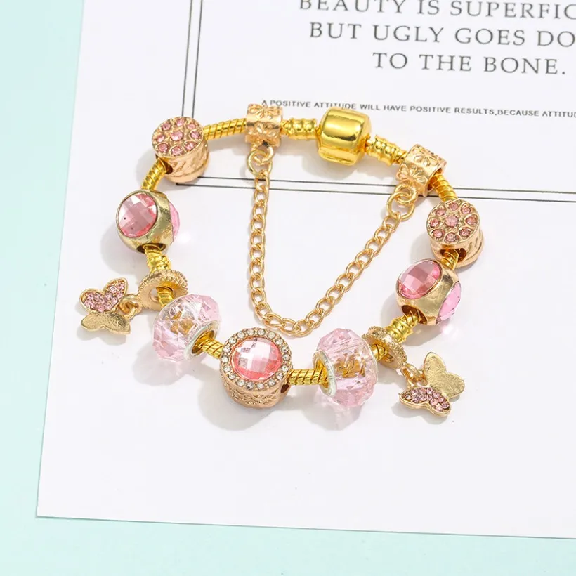 Pulseras de estilo primaveral para mujer, marca de lujo, pulsera de cristal rosa Diy, nuevo regalo de cumpleaños, joyería de amor, Boutique, pulsera con colgante de lazo, joyería de moda al por mayor