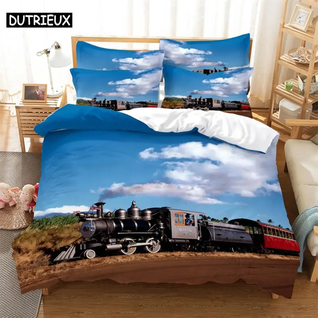 Set Train 3D Digital Bedding Sets Home Bedclothes Super King Cover Pillowcase Comforter Textiles Bedding Set bed cover set Sheer Curtains