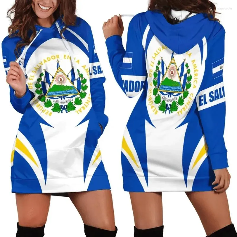 Women's Hoodies El Salvador Flag Hoodie Dress Women 2024 3d Print Long Sleeve Casual Hooded Sweater Tops