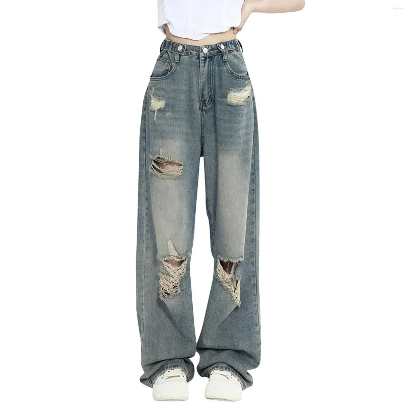 Women's Pants Perforated Jeans For Women In Summer Retro American Style Loose Fitting Slimming High Waisted Wide Leg Floor Mop