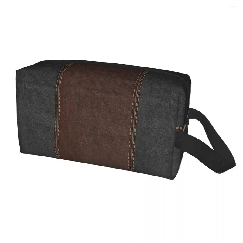 Sacs à cosmétiques Voyage Vintage Sac de toilette en cuir cousu noir et marron Mignon style médiéval Organisateur de maquillage Rangement Dopp Kit Case