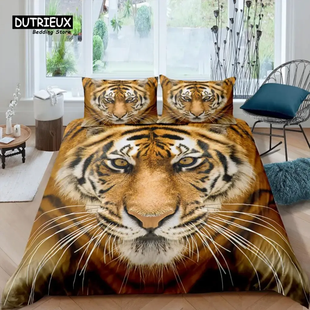 Retourne Living Living Luxury 3D Tiger Litting Set Animal Coup de couette couvercle d'oreiller Reine et King EU / US / AU / UK Taille de la couette et rideaux transparents