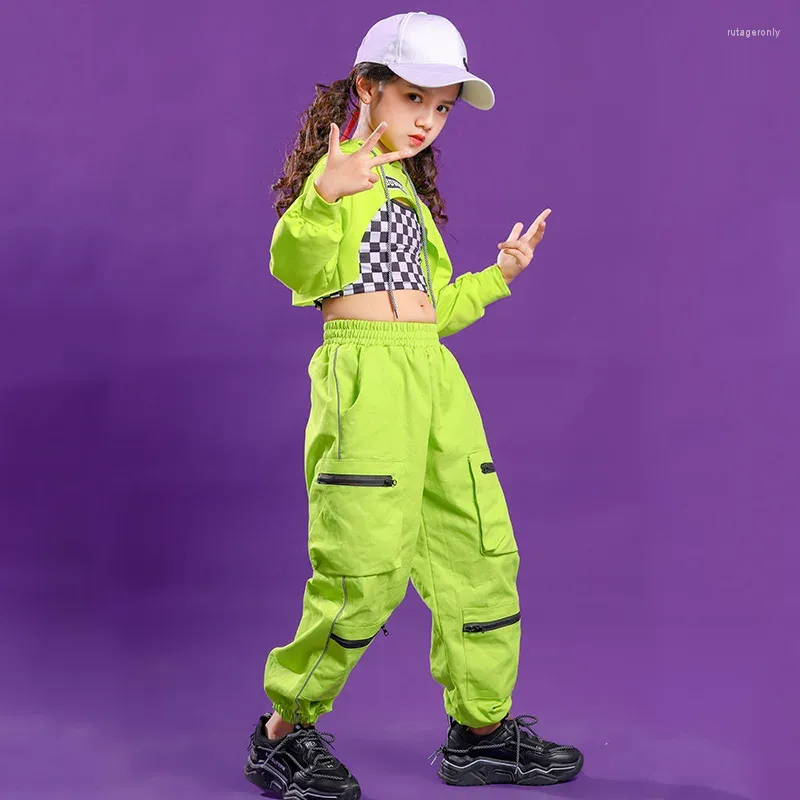 Stage Wear Fashion Cool Green Hoddies Jogger Vest Bambini Hip Hop Abiti da ballo Costumi da ballo per ragazze Dancewear Jazz Street Dance