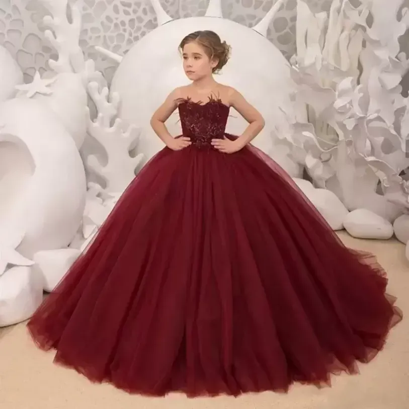 Burgunderrote Blumenmädchenkleider Erstkommunionkleider für Mädchen, Ballkleid, Hochzeitskleid, Kinderabendkleid, BC12806